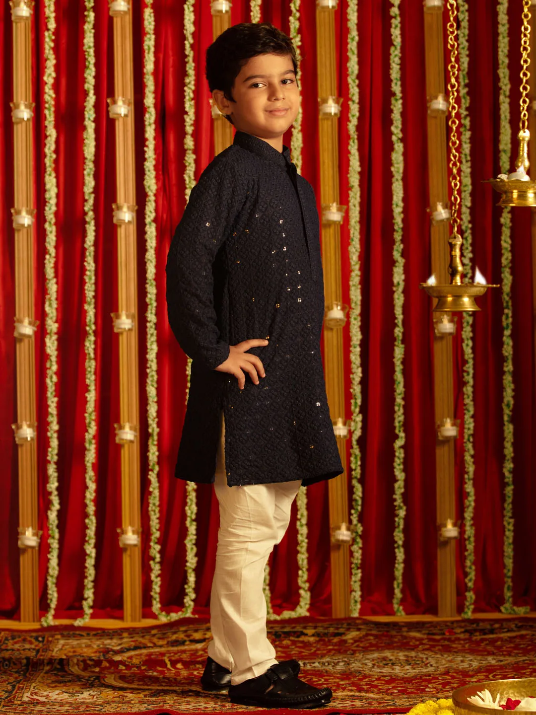 Jashvi Boys' Navy Blue And White Schiffli Kurta Pyjama Set