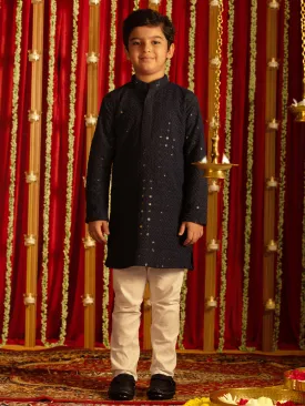 Jashvi Boys' Navy Blue And White Schiffli Kurta Pyjama Set