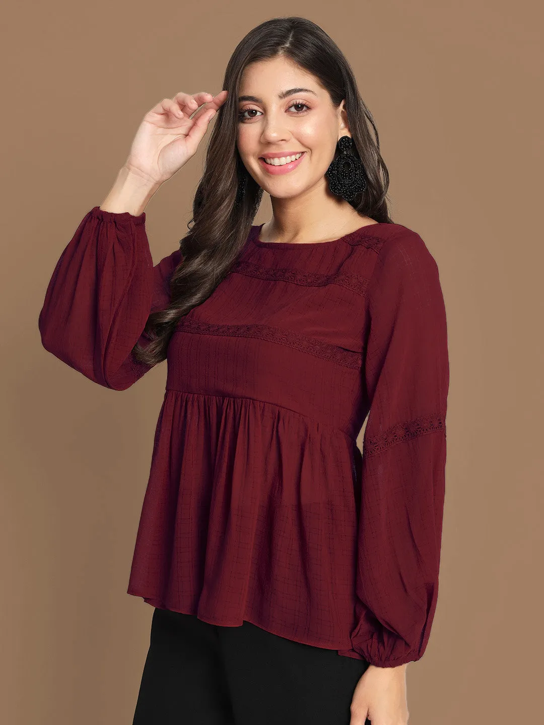 Lace Detail Maroon Kurti