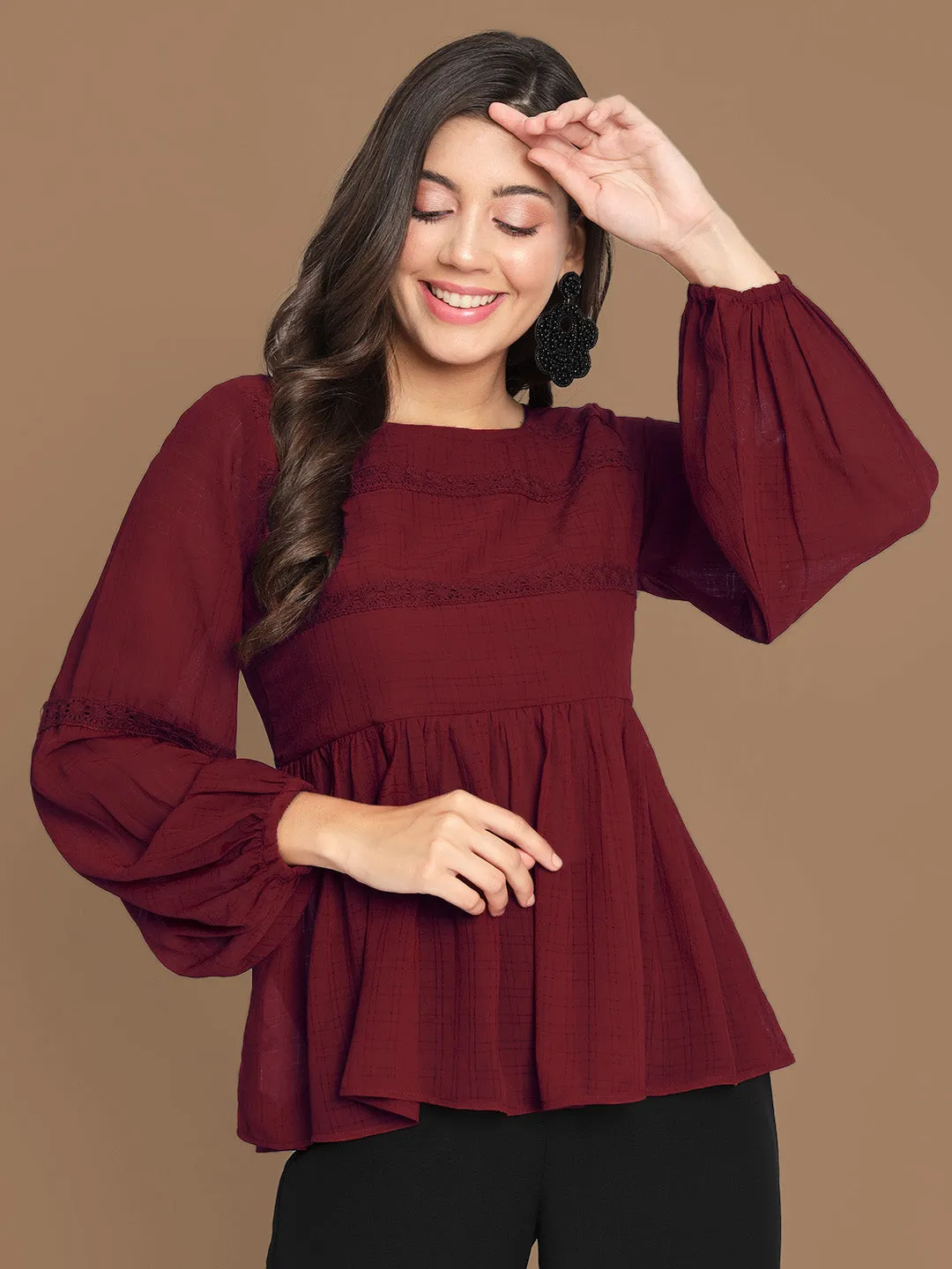 Lace Detail Maroon Kurti