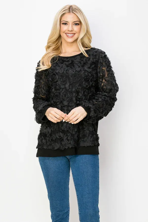 LACE FLOWER SWIRL SLEEVE BLACK TOP