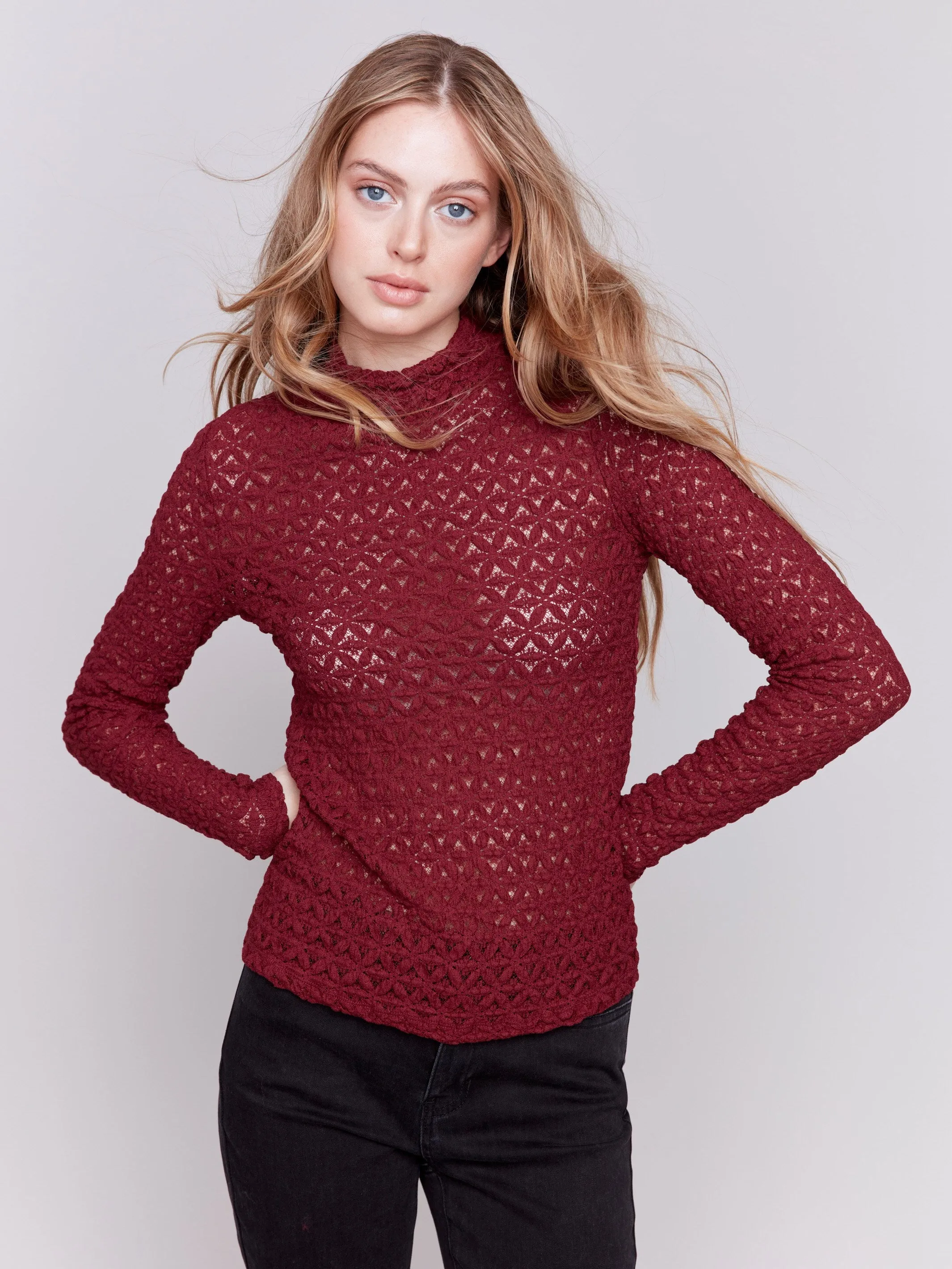 Lace Mock Neck Top - Cabernet