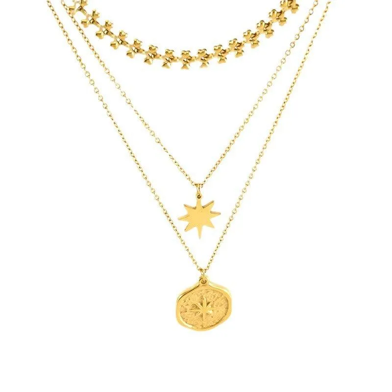 Layered Gold Star and Medallion Necklace – Trendy Chains for Modern Style