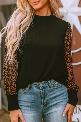 Leopard Print Ribbed Knit Blouse