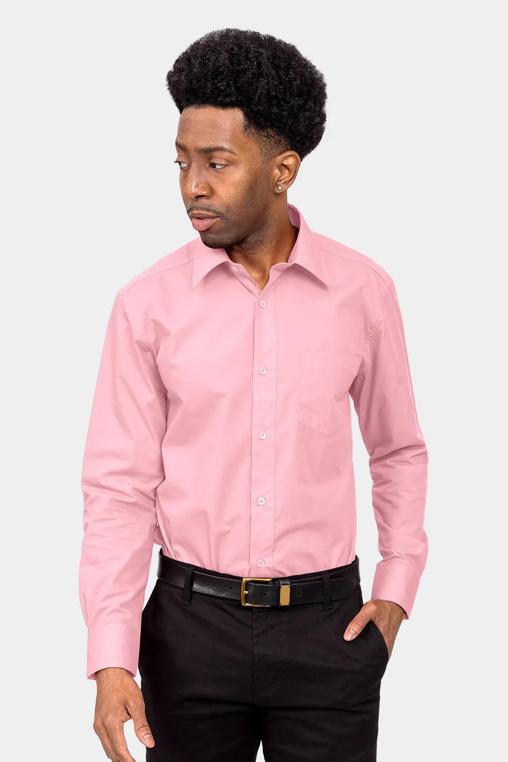 Men's Basic Solid Color Button Up Dress Shirt (Pink)