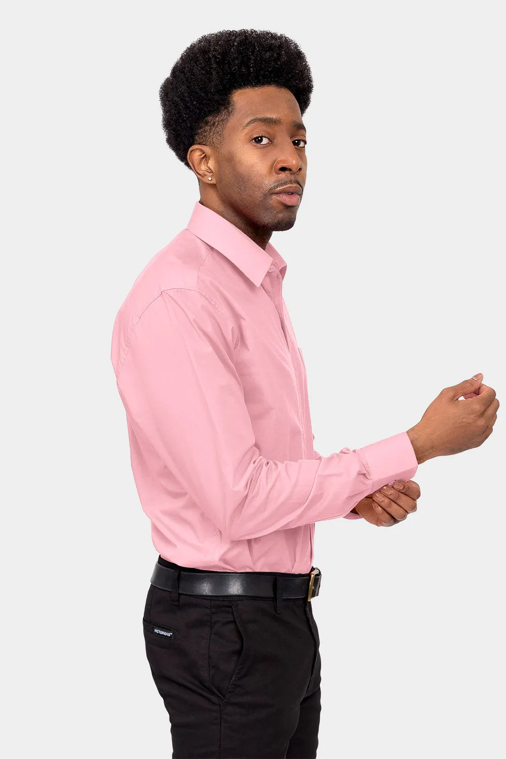 Men's Basic Solid Color Button Up Dress Shirt (Pink)