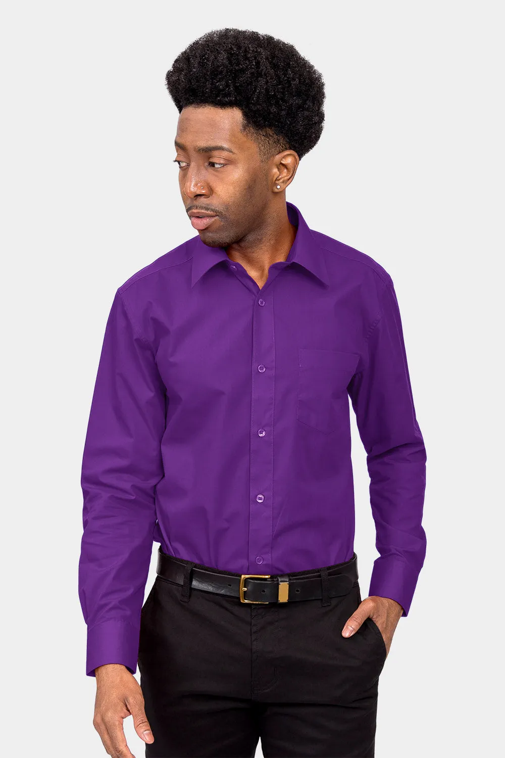 Men's Basic Solid Color Button Up Dress Shirt (Purple)