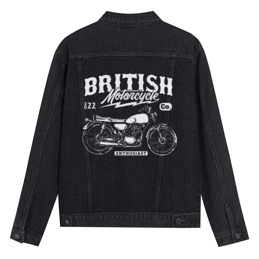 Mens British Motorcycle Graphic Button Up Denim Jacket