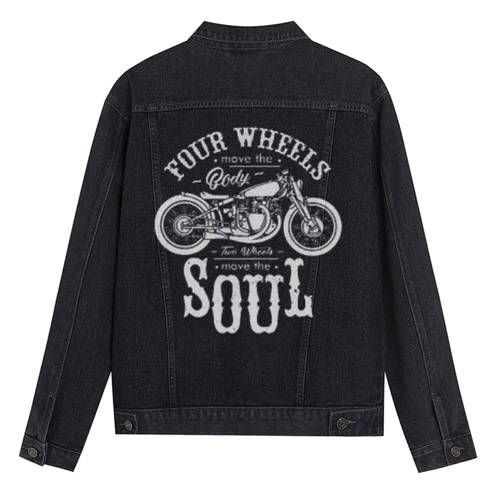 Mens FOR HHEELS MOVE THE SOUL Motorcycle Graphic Button Up Denim Jacket