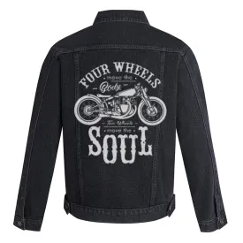 Mens FOR HHEELS MOVE THE SOUL Motorcycle Graphic Button Up Denim Jacket