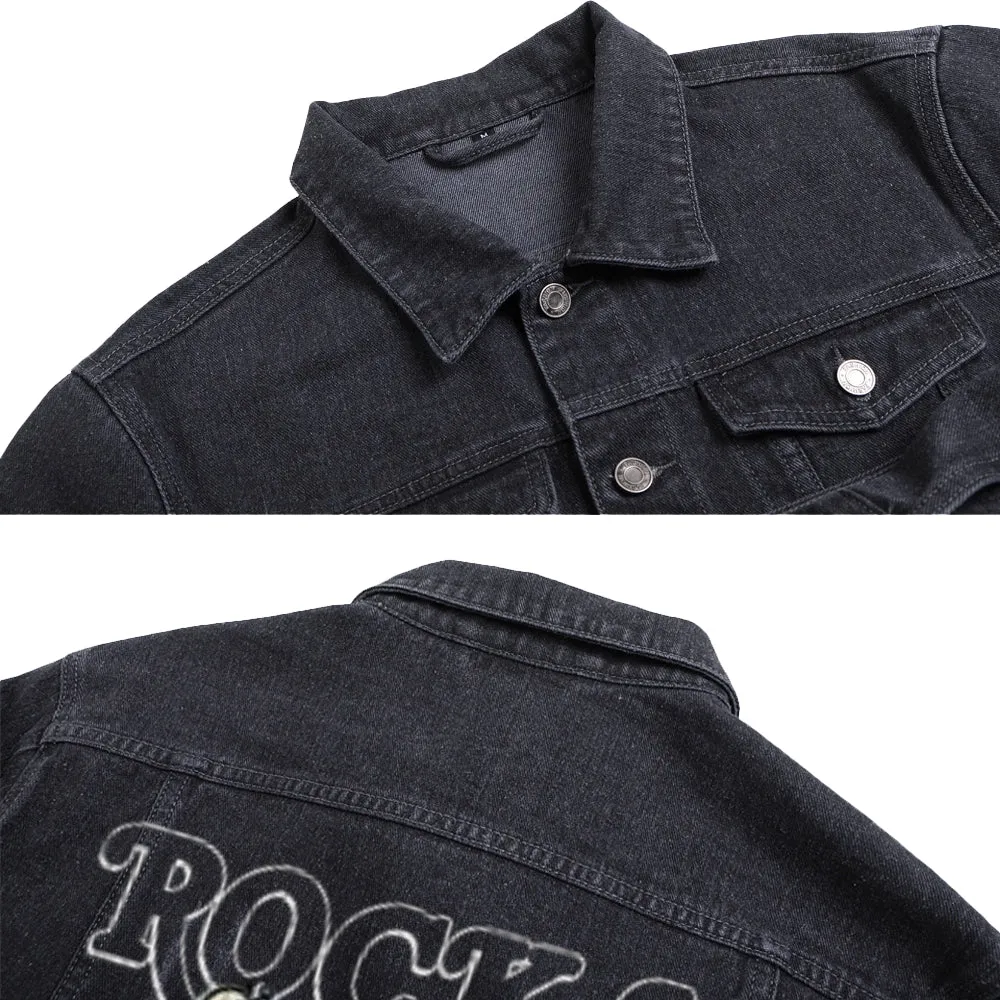 Mens Rock Guitar Graphic Button Up Denim Jacket