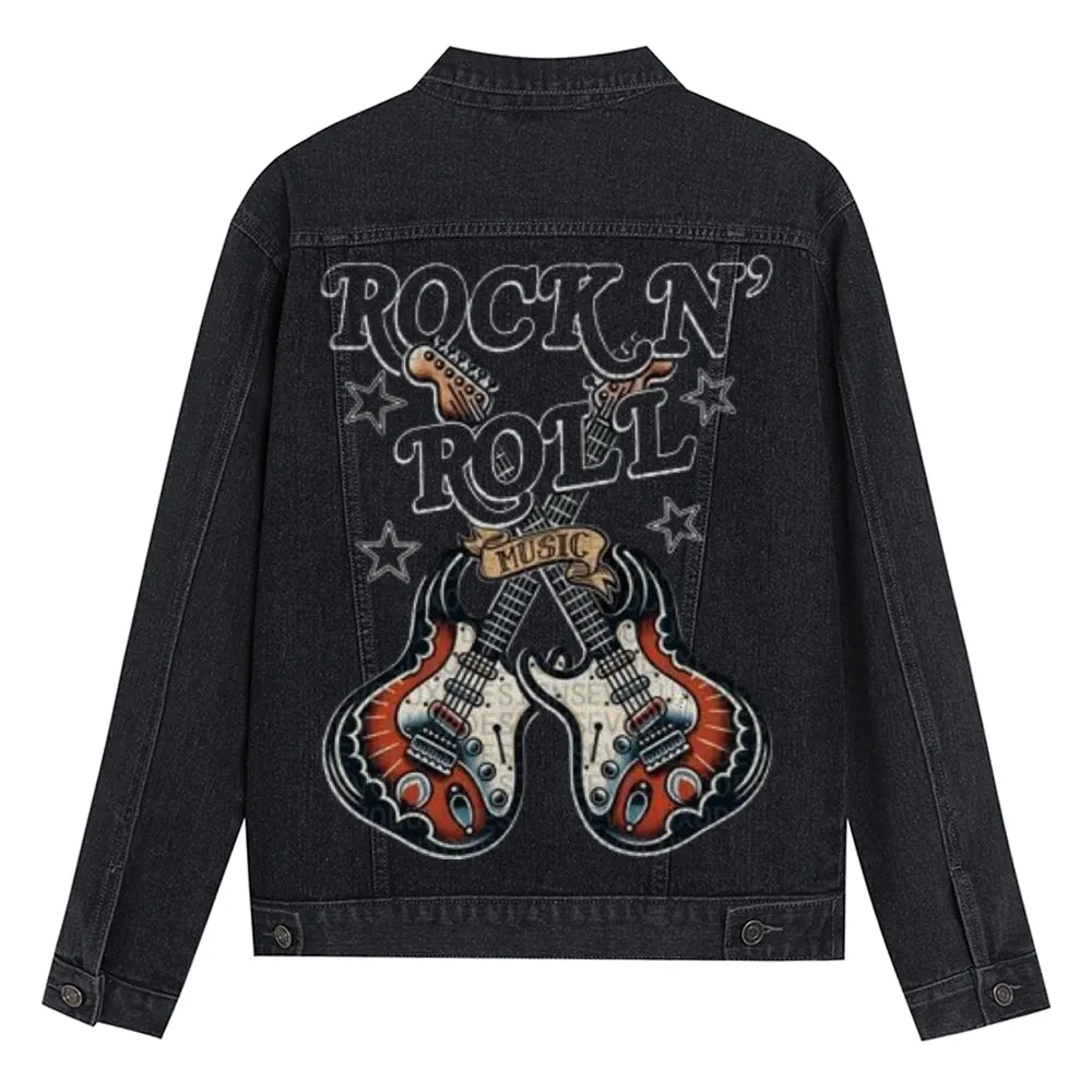 Mens Rock Guitar Graphic Button Up Denim Jacket