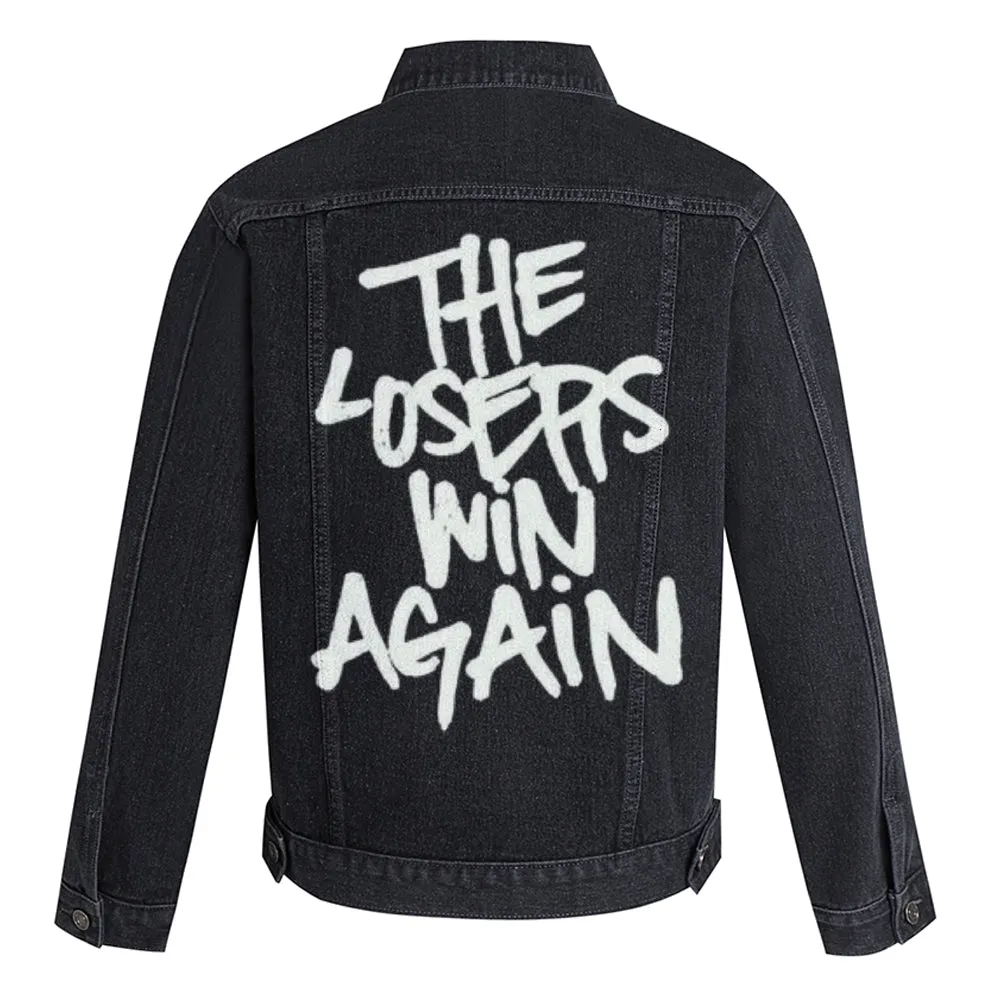 Mens THE LOSER WIN AGAIN Graphic Button Up Denim Jacket