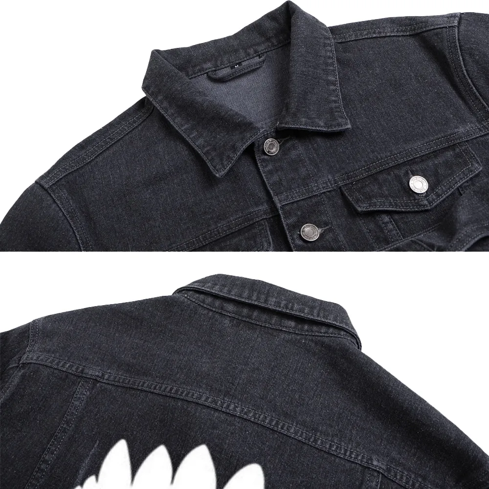 Mens Vampire Teeth Graphic Button Up Denim Jacket