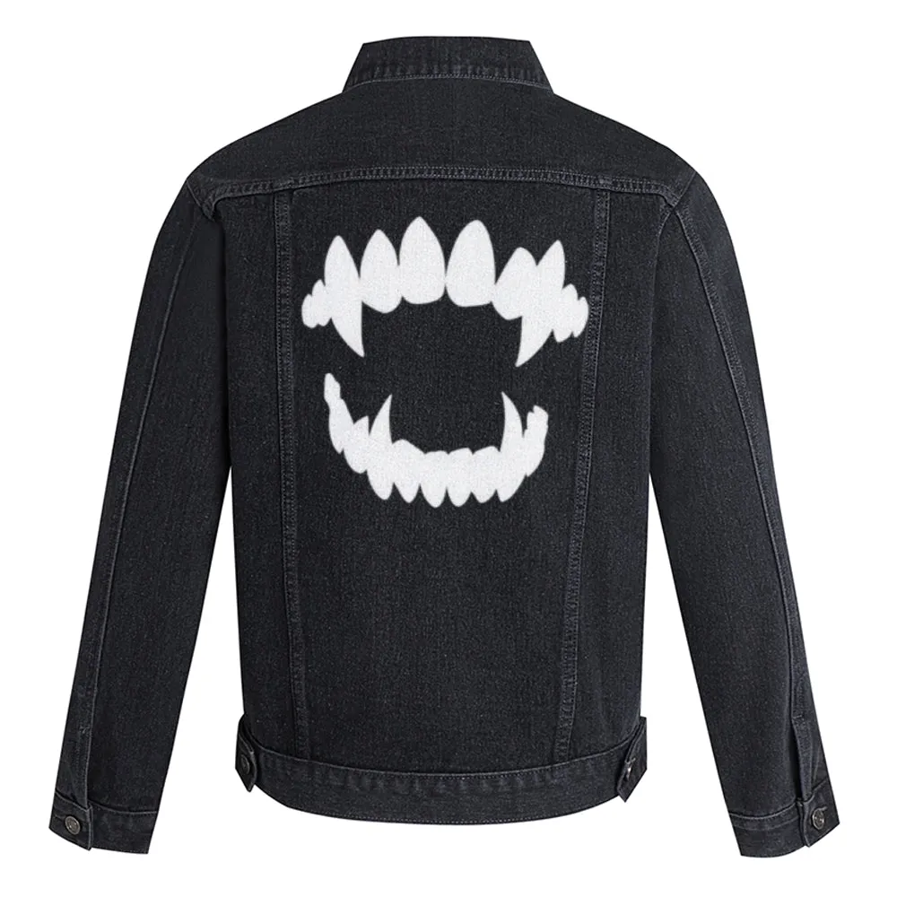 Mens Vampire Teeth Graphic Button Up Denim Jacket