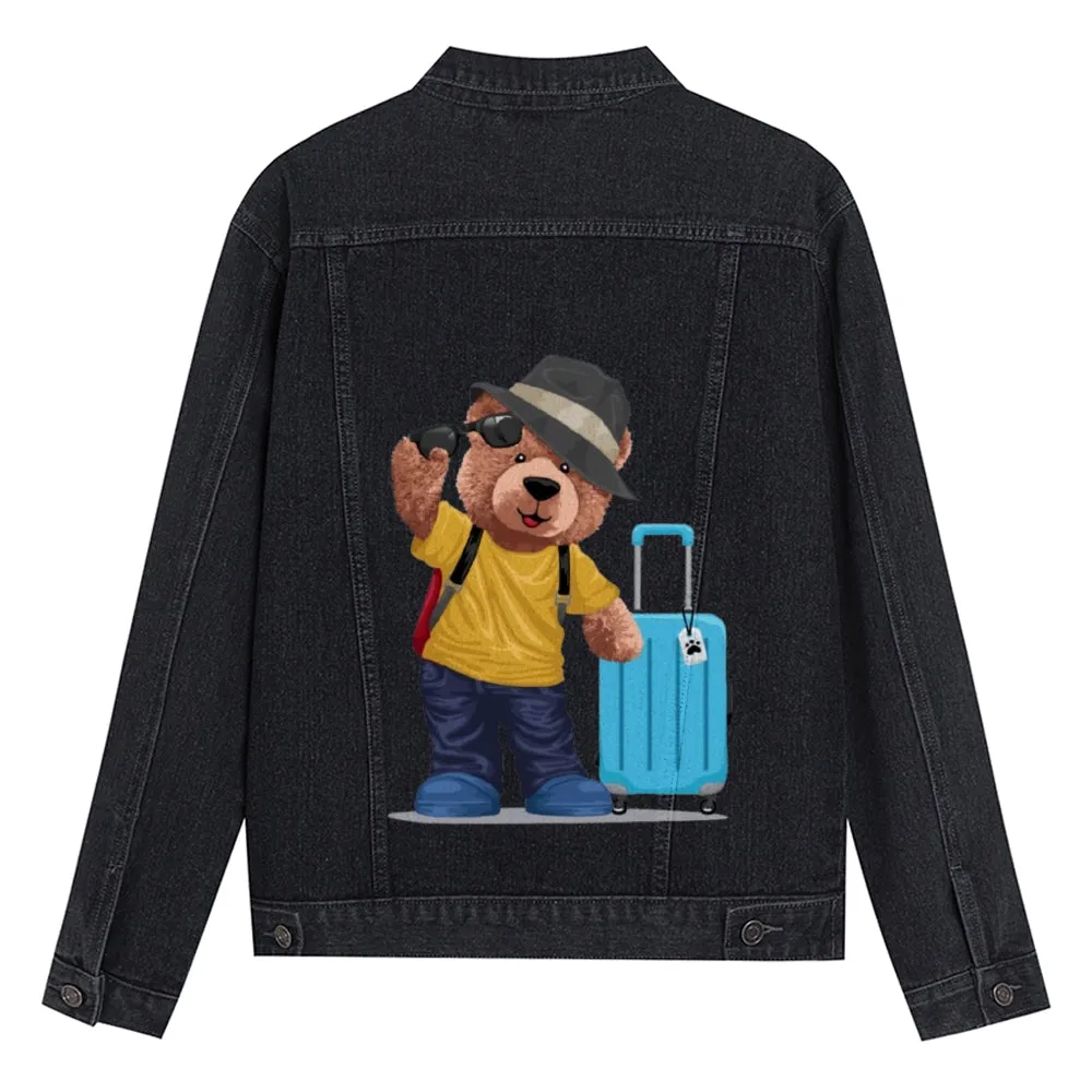 Mens Vintage Cartoon Cute Bear Blue Suitcase For Travel Prints Denim Jacket