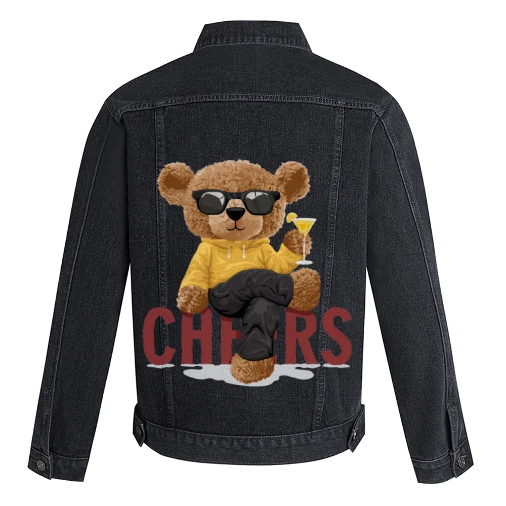 Mens Vintage Cartoon Cute Bear CHEERS Prints Denim Jacket