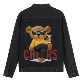 Mens Vintage Cartoon Cute Bear CHEERS Prints Denim Jacket