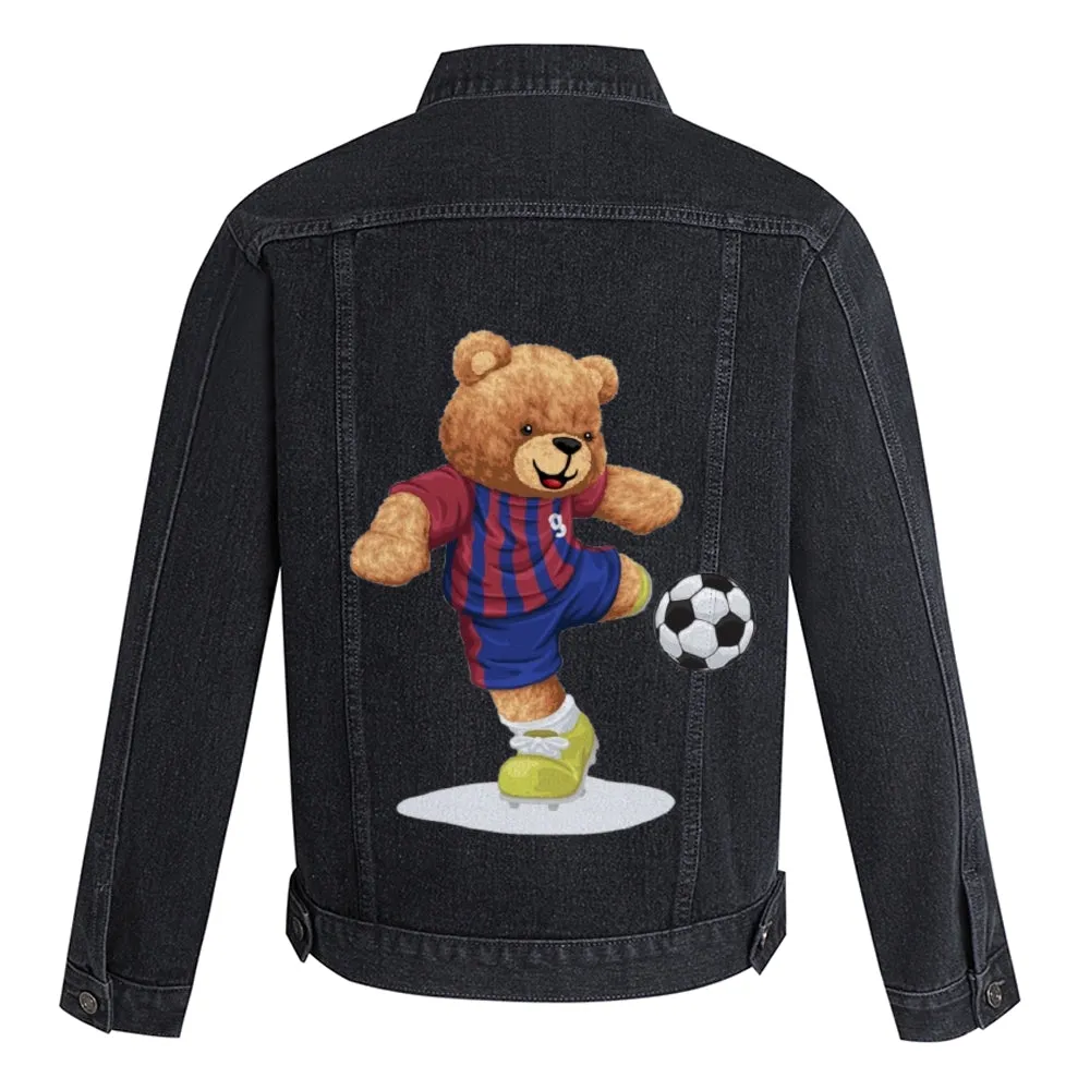 Mens Vintage Cartoon Cute Bear Football Prints Denim Jacket