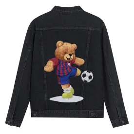 Mens Vintage Cartoon Cute Bear Football Prints Denim Jacket