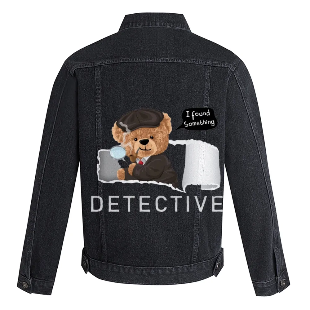 Mens Vintage Cartoon Cute Bear I found something DETECTIVE Prints Denim Jacket