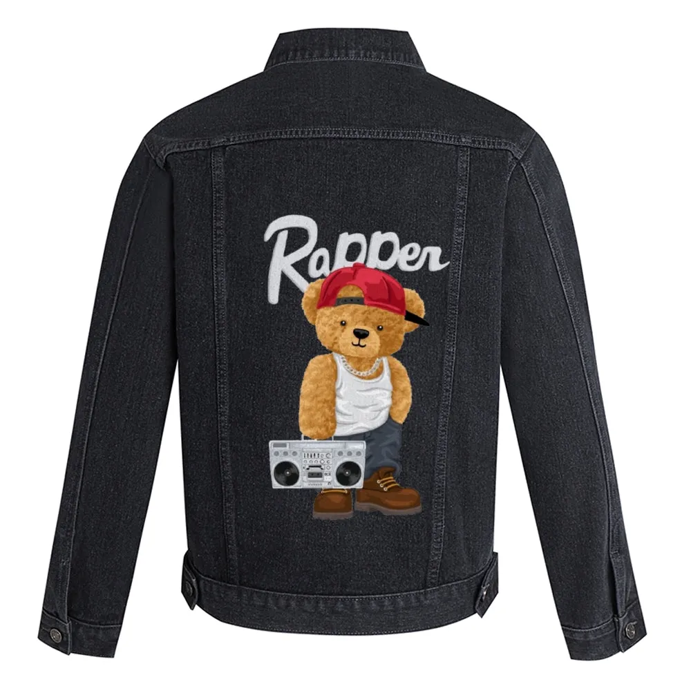 Mens Vintage Cartoon Cute Bear Prints Rapper Denim Jacket