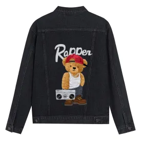 Mens Vintage Cartoon Cute Bear Prints Rapper Denim Jacket