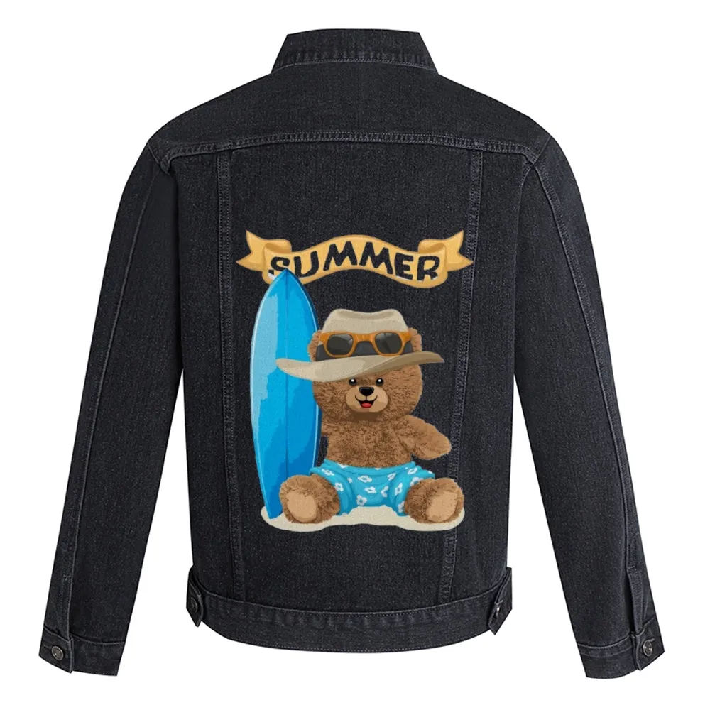 Mens Vintage Cartoon Cute Bear Summer Surfriding Prints Denim Jacket