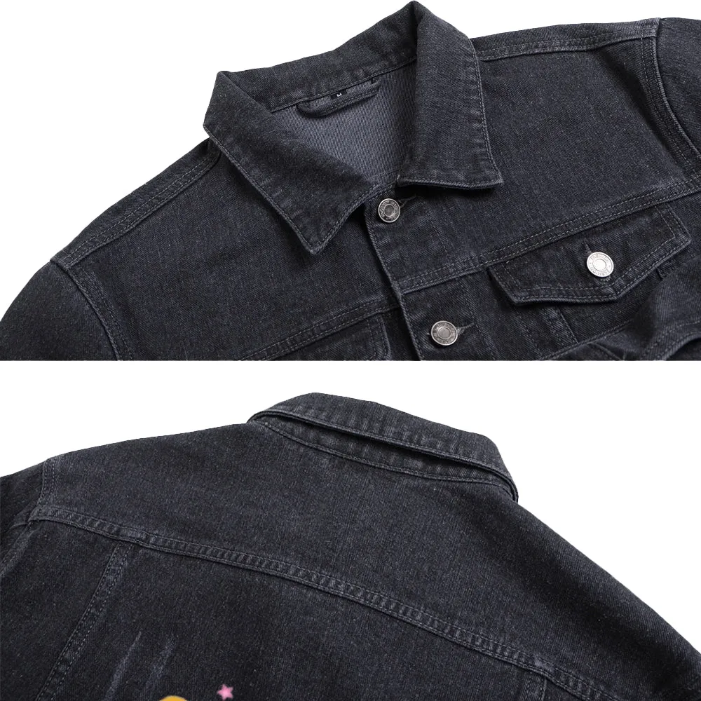 Mens Vintage Cartoon Cute SURPRISE!! Gift Bear Prints Denim Jacket