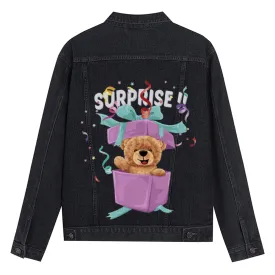 Mens Vintage Cartoon Cute SURPRISE!! Gift Bear Prints Denim Jacket