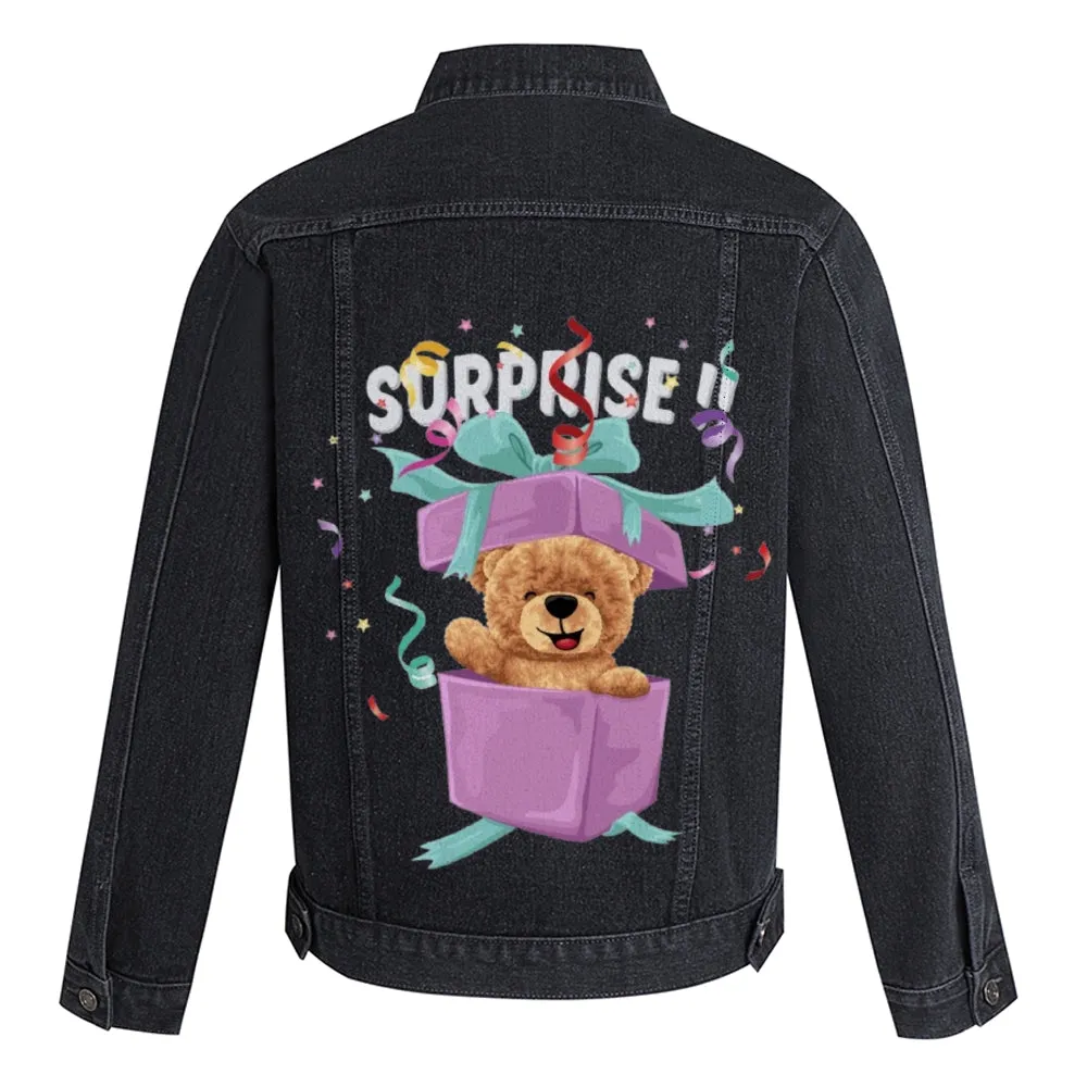 Mens Vintage Cartoon Cute SURPRISE!! Gift Bear Prints Denim Jacket