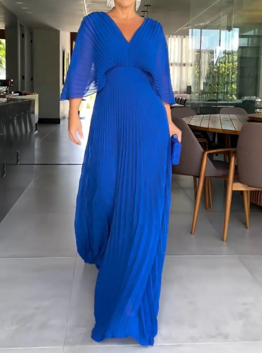 Nathalie - Flowing Maxi Dress with V-Neck and Pleated Sleeves