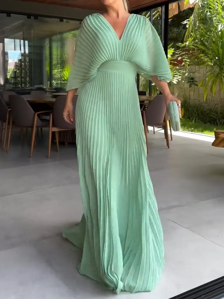 Nathalie - Flowing Maxi Dress with V-Neck and Pleated Sleeves