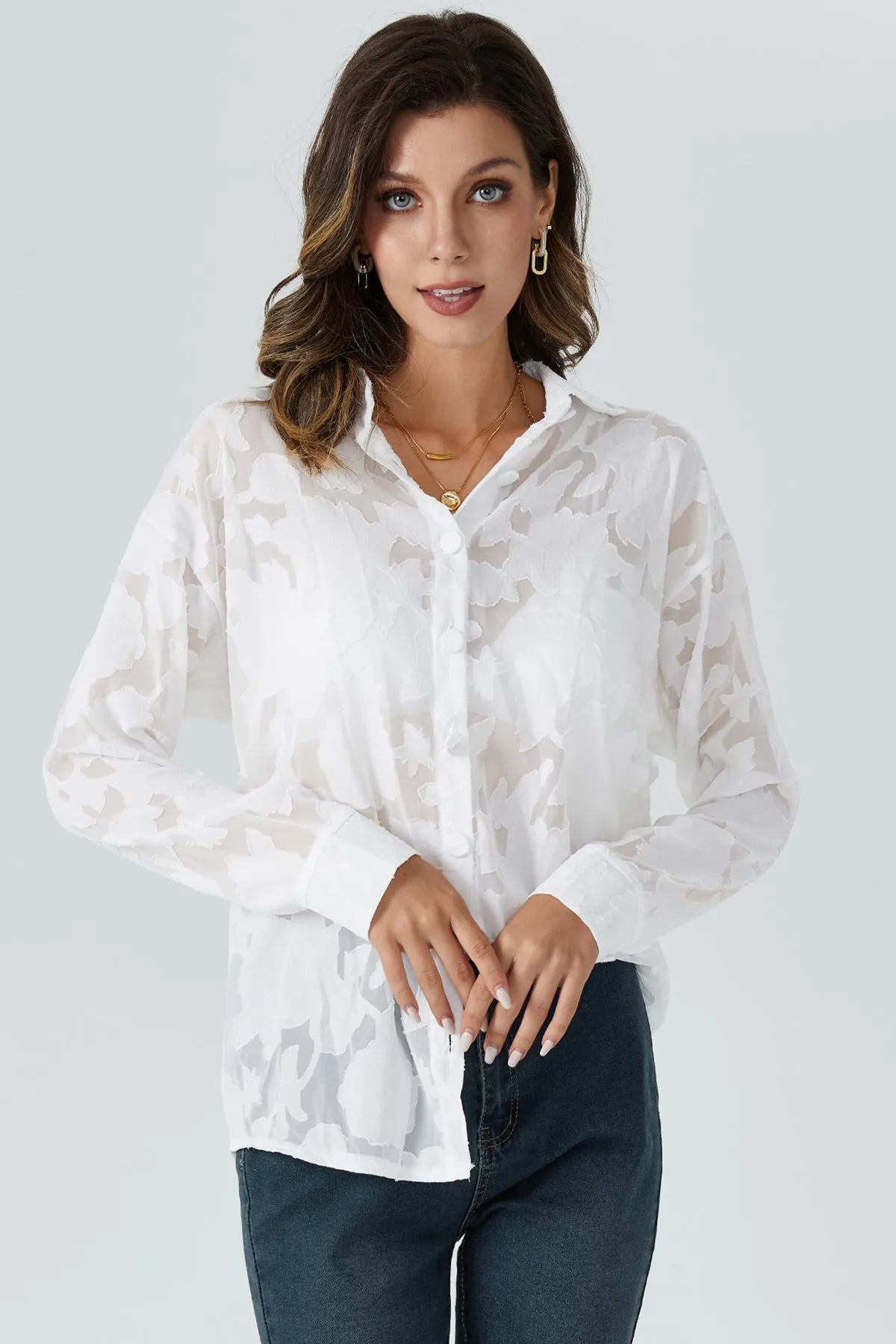 OL Sheer Button Front Drop Shoulder Shirt