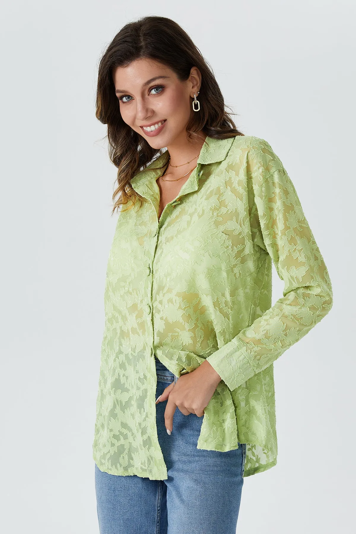 OL Sheer Button Front Drop Shoulder Shirt