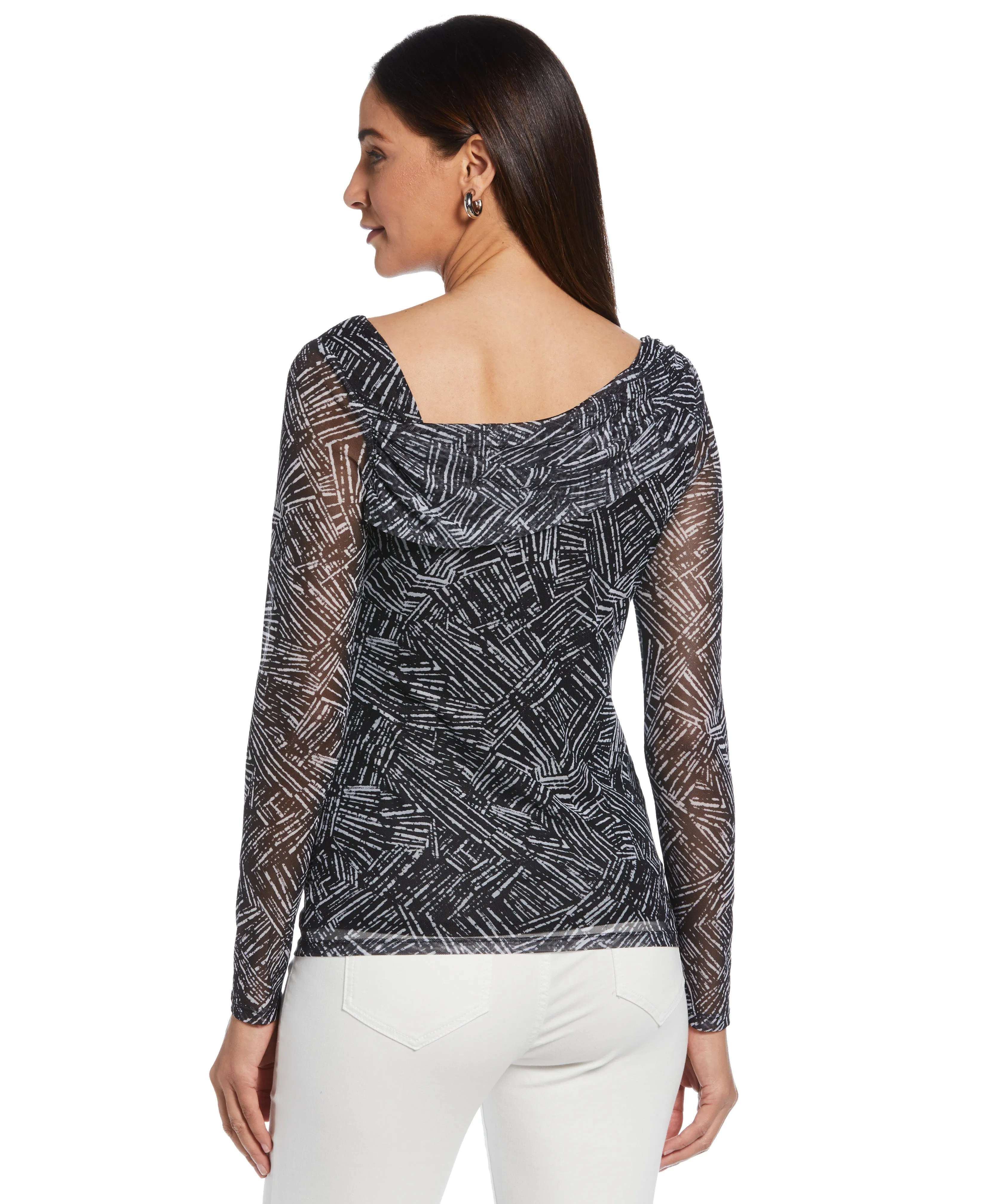 Petite Printed Asymmetrical Mesh Top