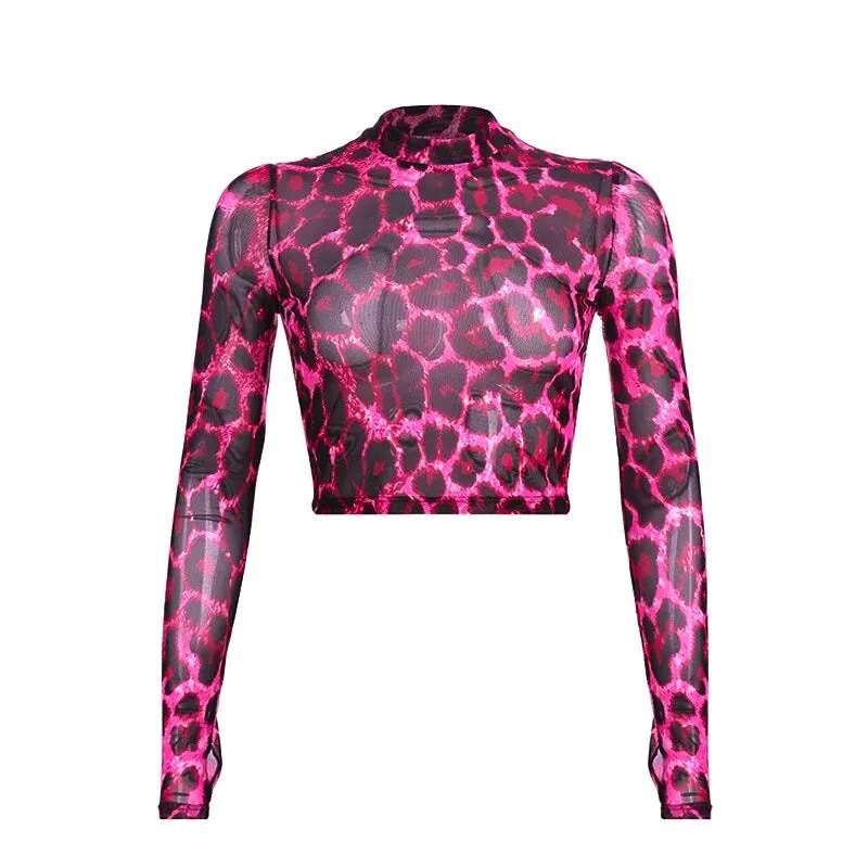 Pink Mesh Leopard Print Long Sleeve Crop Top