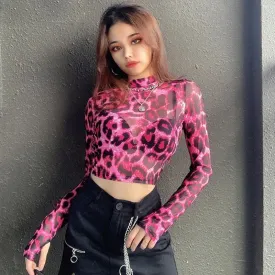 Pink Mesh Leopard Print Long Sleeve Crop Top