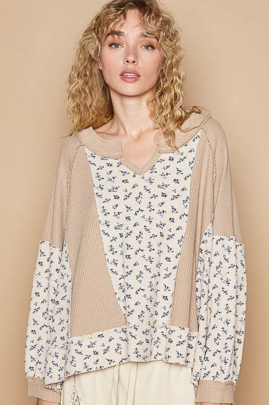 POL Waffle Knit Women Top Floral Notched Cotton Blend Long Sleeve Oversized