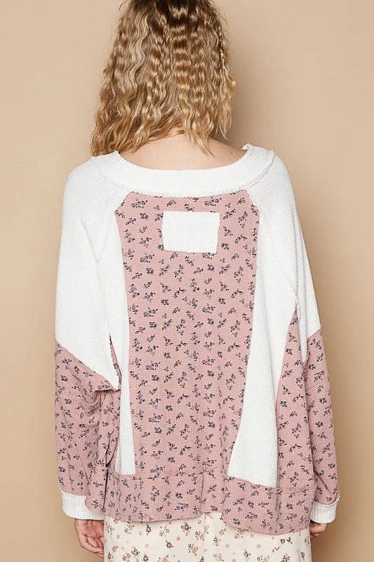 POL Waffle Knit Women Top Floral White Cotton Blend Long Sleeve Oversized