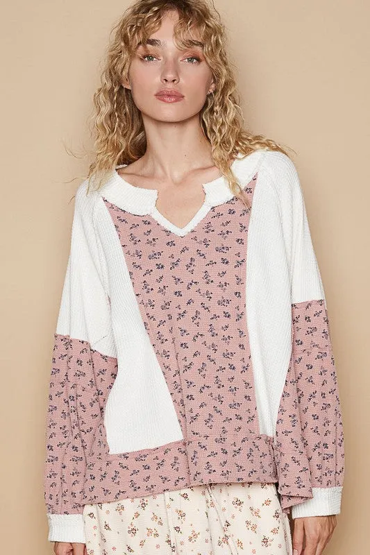 POL Waffle Knit Women Top Floral White Cotton Blend Long Sleeve Oversized