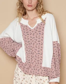 POL Waffle Knit Women Top Floral White Cotton Blend Long Sleeve Oversized