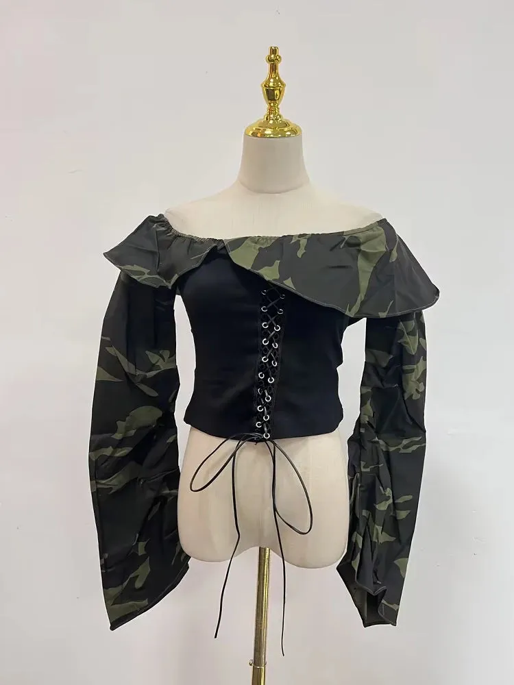 Pre Order:  Off Shoulder Camouflage Patchwork Shirt