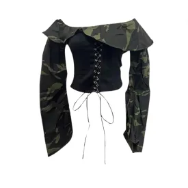 Pre Order:  Off Shoulder Camouflage Patchwork Shirt