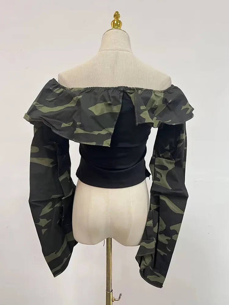 Pre Order:  Off Shoulder Camouflage Patchwork Shirt