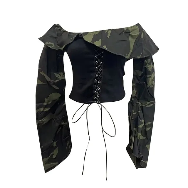 Pre Order:  Off Shoulder Camouflage Patchwork Shirt