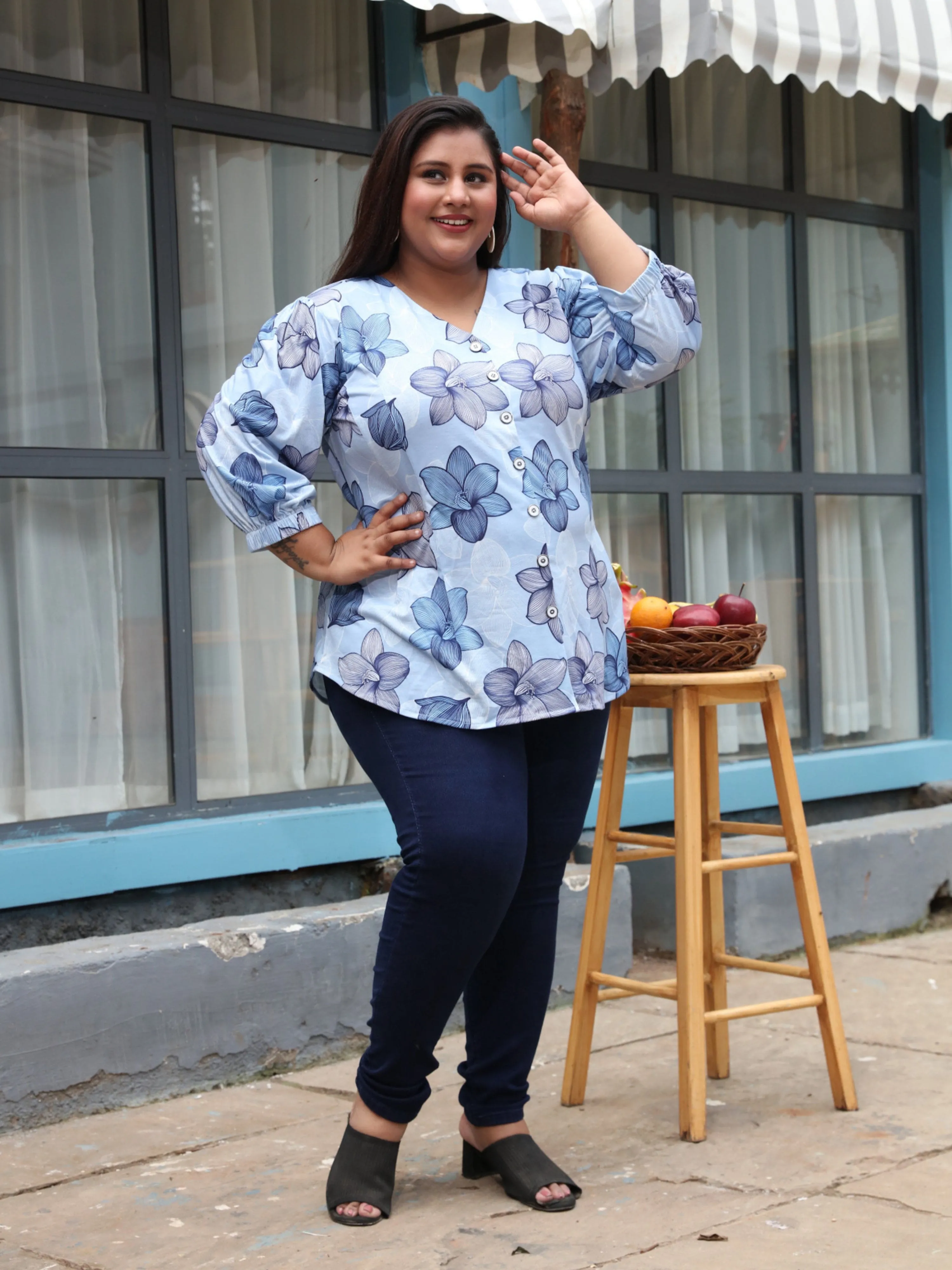 Premium Cotton Blend Top V Neck Blue