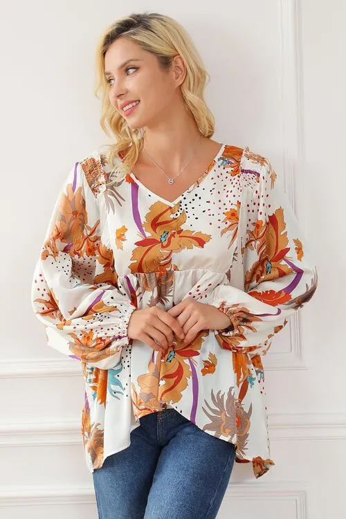 Printed V-Neck Smocked Balloon Sleeve Blouse