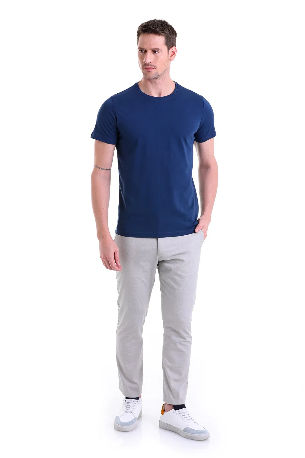 Regular Fit Indigo Basic Cotton Crew Neck T-Shirt