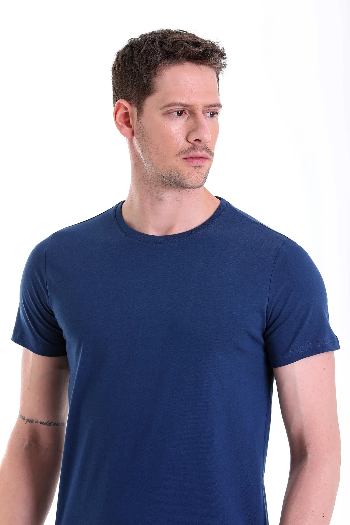 Regular Fit Indigo Basic Cotton Crew Neck T-Shirt